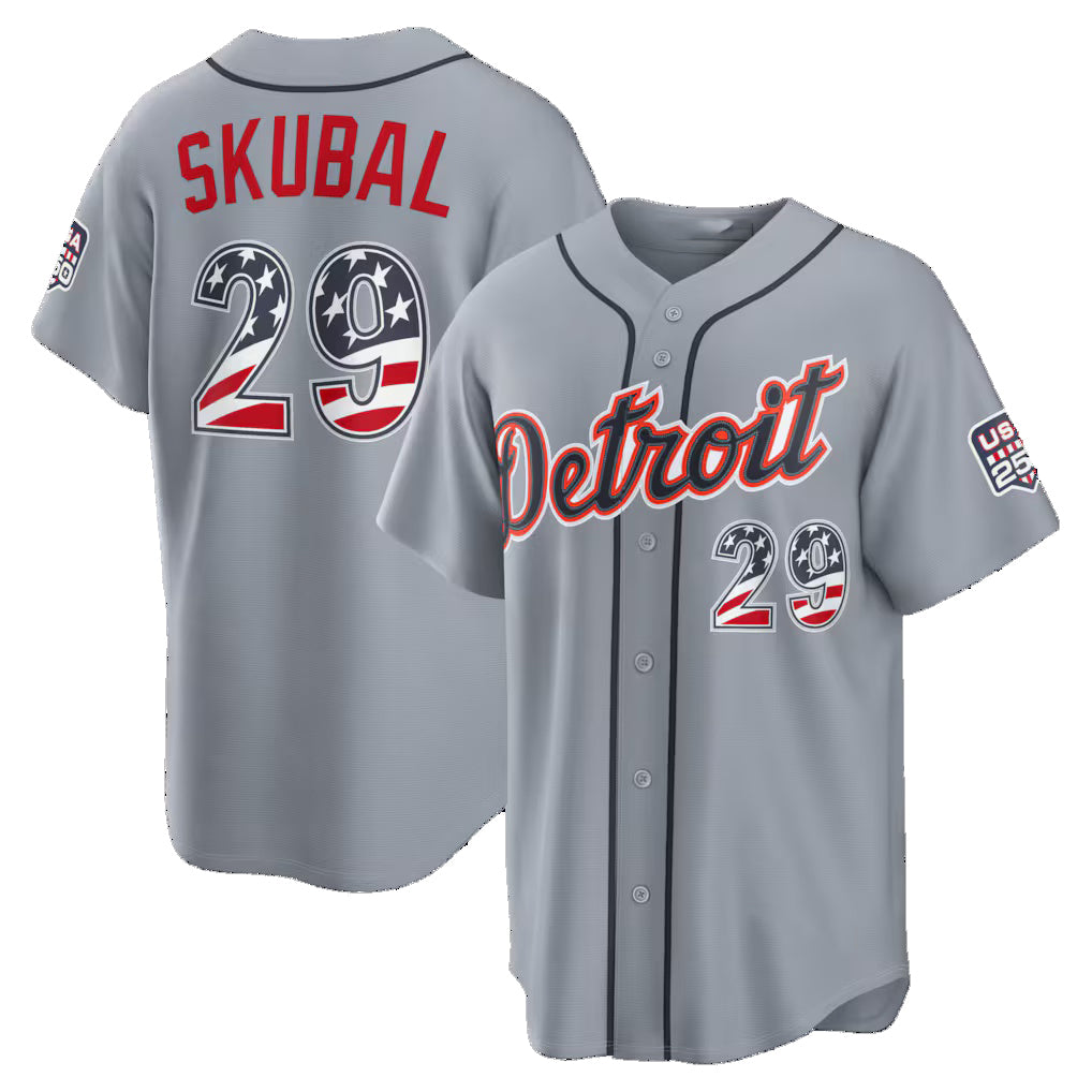 Detroit Tigers #29 Tarik Skubal USA 250 Fourth of July Road Stadium Jersey - Gray Fotopoulosg