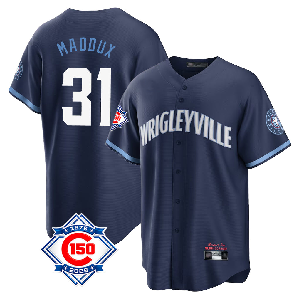 Chicago Cubs #31 Greg Maddux Player Navy Fotopoulosg 150th Anniversary City Connect Home Game Stitched Jerseys