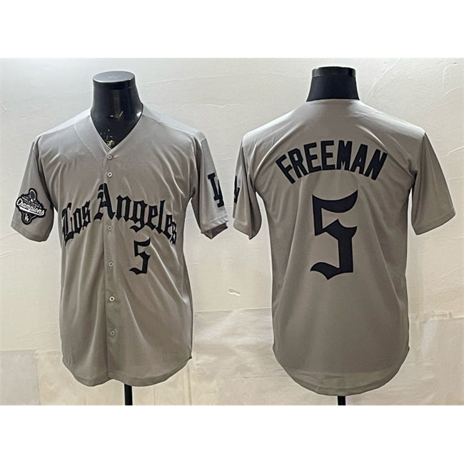 Los Angeles Dodgers #5 Freddie Freeman Grey Fotopoulosg LA Gothic Style With 2025 World Series Champions Patch Limited Stitched Jersey