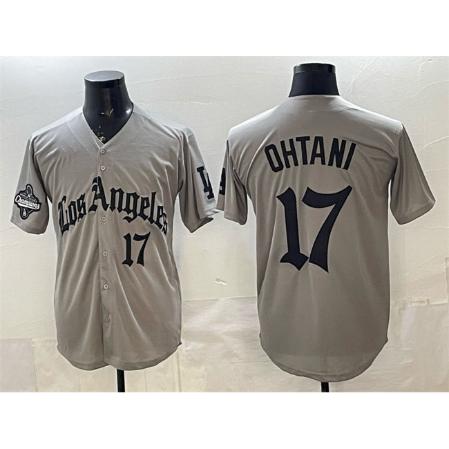 Los Angeles Dodgers #17 Shohei Ohtani Grey Fotopoulosg LA Gothic Style With 2025 World Series Champions Patch Limited Stitched Jersey