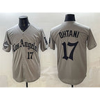 Los Angeles Dodgers #17 Shohei Ohtani Grey Fotopoulosg LA Gothic Style With 2025 World Series Champions Patch Limited Stitched Jersey