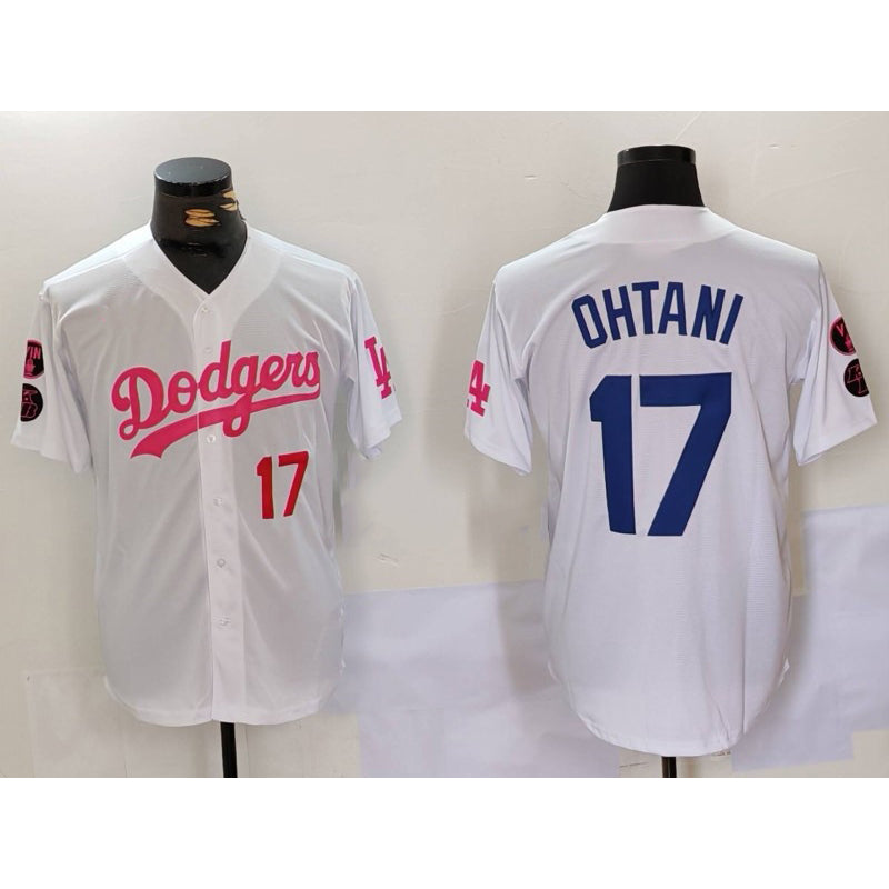 Los Angeles Dodgers #17 Shohei Ohtani White Pink Fotopoulosg Vin & Kobe Patch Stitched Jerseys