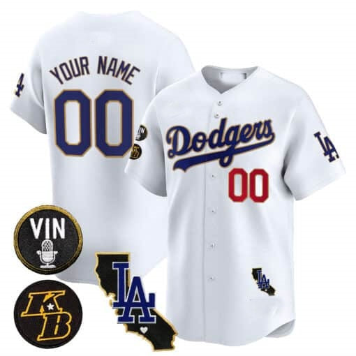 Custom Los Angeles Dodgers Vin Patch & Kobe Bryant Gold Trim Vapor Premier Limited Jersey V2 ¨C White Fotopoulosg