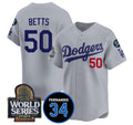 Los Angeles Dodgers #50 Mookie Betts Grey Fotopoulosg 2024 World Series With Fernando Memorial Patch Limited Stitched Jersey