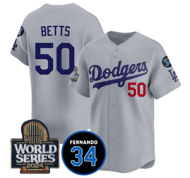 Los Angeles Dodgers #50 Mookie Betts Grey Fotopoulosg 2024 World Series With Fernando Memorial Patch Limited Stitched Jersey