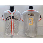 Houston Astros #3 Jeremy Pena 2023 White Gold Fotopoulosg World Serise Champions Patch Flex Base Stitched Jersey