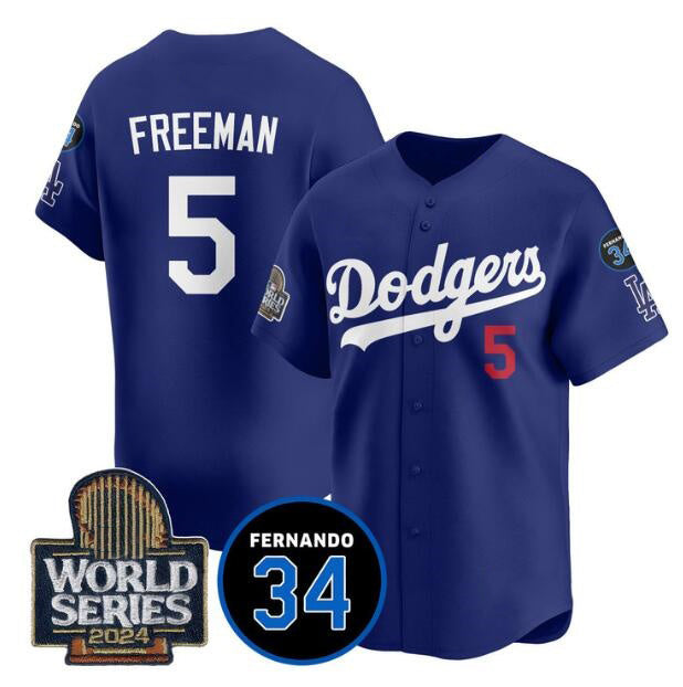 Los Angeles Dodgers #5 Freddie Freeman Royal Fotopoulosg 2024 World Series With Fernando Memorial Patch Limited Stitched Jersey