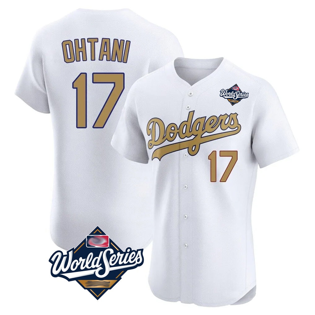 Los Angeles Dodgers #17 Shohei Ohtani Player White Gold Fotopoulosg World Series Limited Elite Home Stitched Jerseys