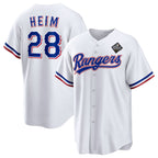 Texas Rangers #28 Jonah Heim 2023 White Fotopoulosg World Series Stitched Jersey