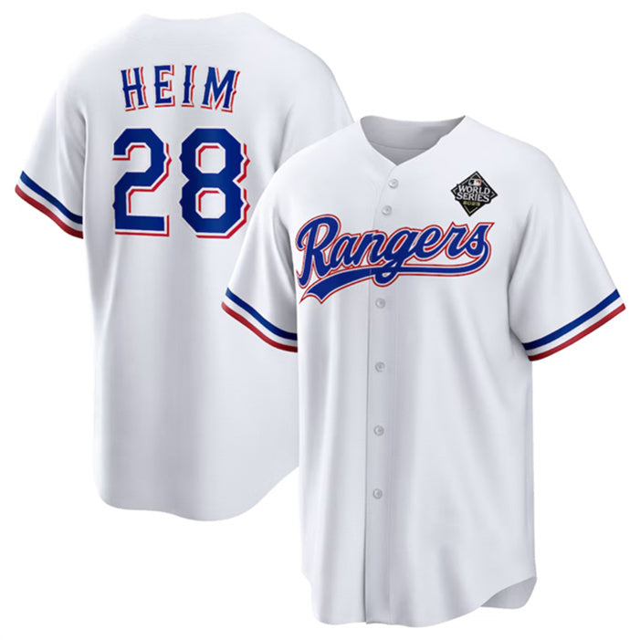 Texas Rangers #28 Jonah Heim 2023 White Fotopoulosg World Series Stitched Jersey