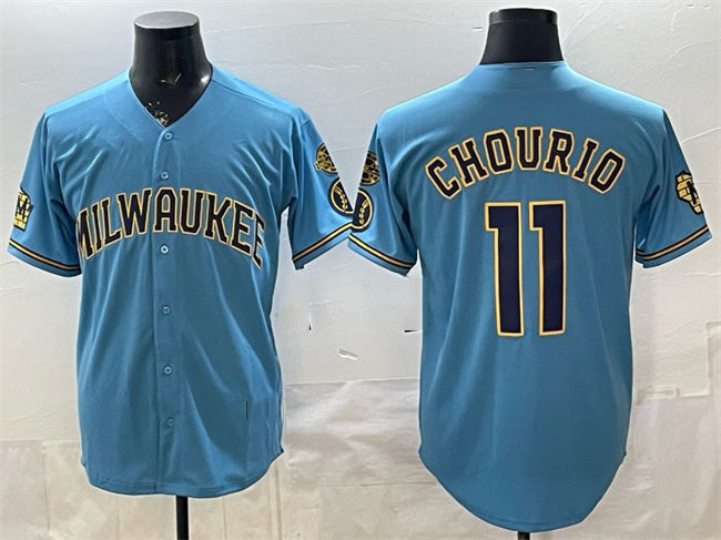 Milwaukee Brewers #11 Jackson Chourio Blue Fotopoulosg With Home & Bob Uecker Patch Stitched Jersey