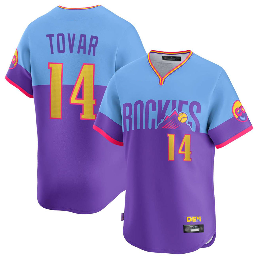 Colorado Rockies #14 Ezequiel Tovar Player Purple-Light Blue Fotopoulosg City Connect Limited Home T-shirt Stitched Jerseys