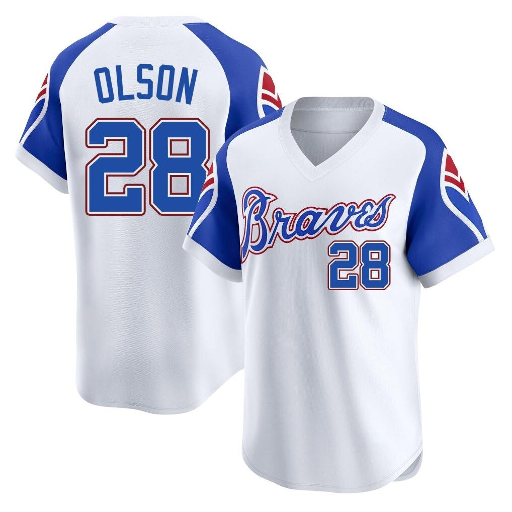 Atlanta Braves #28 Matt Olson Player White Fotopoulosg Throwback Cooperstown Collection T-shirt Game Stitched Jerseys