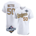 Los Angeles Dodgers #50 Mookie Betts Player White Gold Fotopoulosg World Series Limited Elite Home Stitched Jerseys
