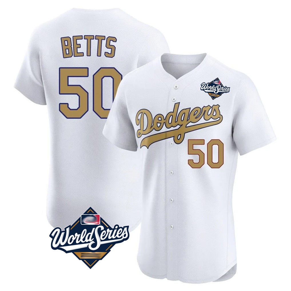 Los Angeles Dodgers #50 Mookie Betts Player White Gold Fotopoulosg World Series Limited Elite Home Stitched Jerseys