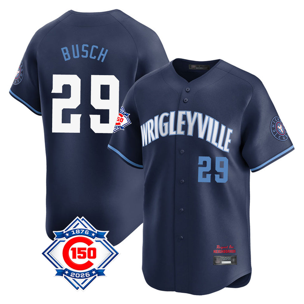 Chicago Cubs #29 Michael Busch Player Navy Fotopoulosg City Connect 150th Anniversary Limited Home Stitched Jerseys