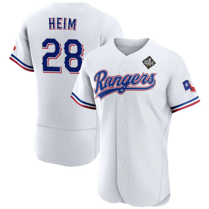 Texas Rangers #28 Jonah Heim White Fotopoulosg 2023 World Series Flex Base Stitched Jersey
