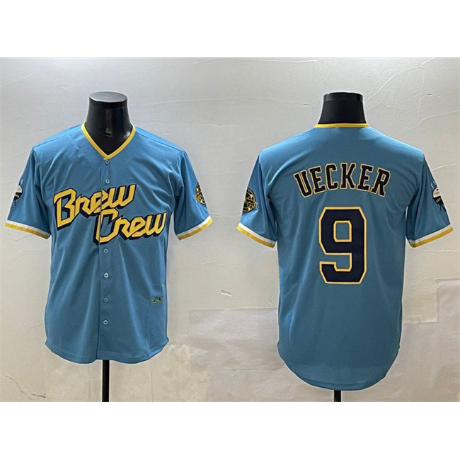Milwaukee Brewers #9 Bob Uecker Powder Blue Fotopoulosg City Connect With Patch Cool Base Stitched Jersey