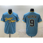 Milwaukee Brewers #9 Bob Uecker Powder Blue Fotopoulosg City Connect With Patch Cool Base Stitched Jersey