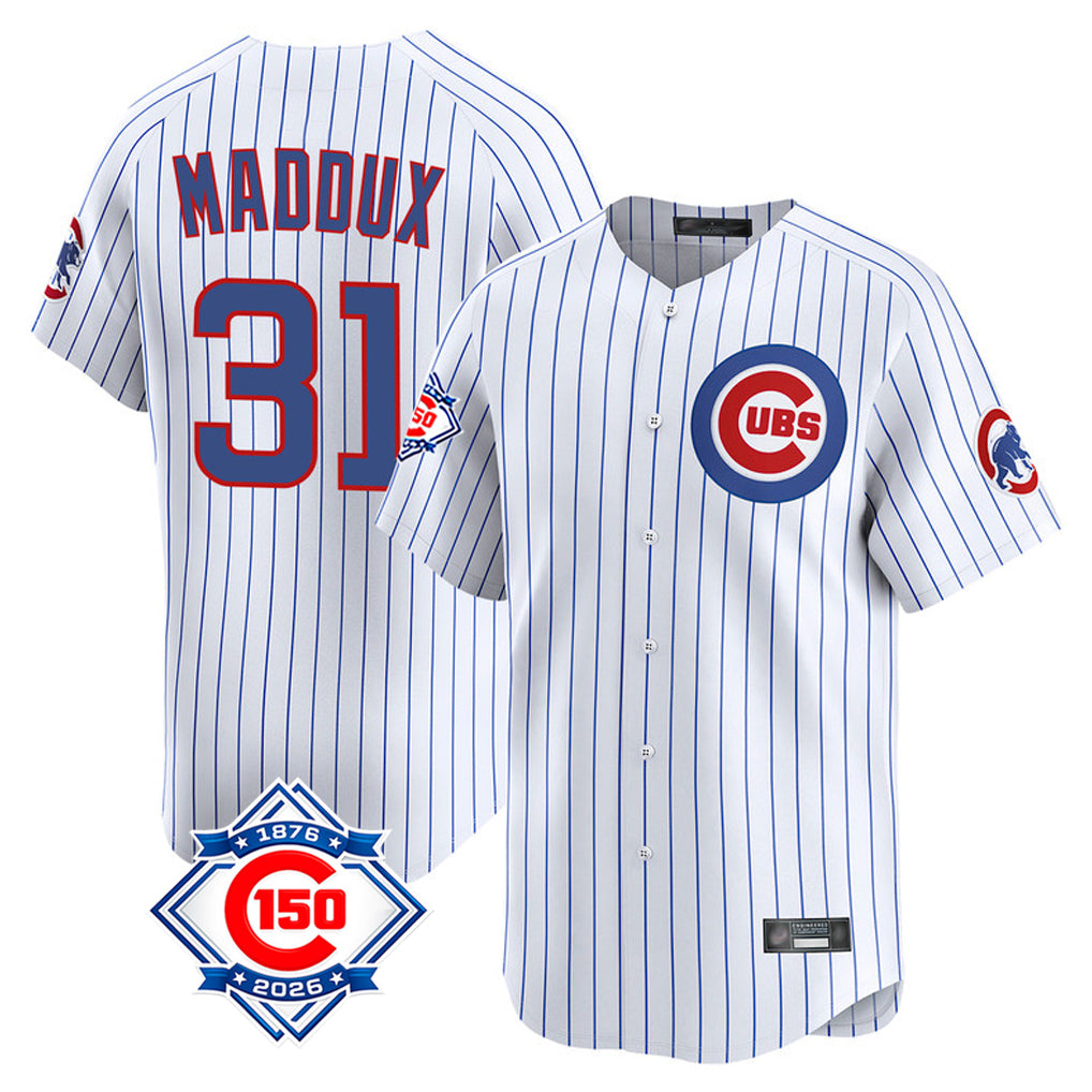 Chicago Cubs #31 Greg Maddux Player White Fotopoulosg 150th Anniversary Limited Home Game Stitched Jerseys