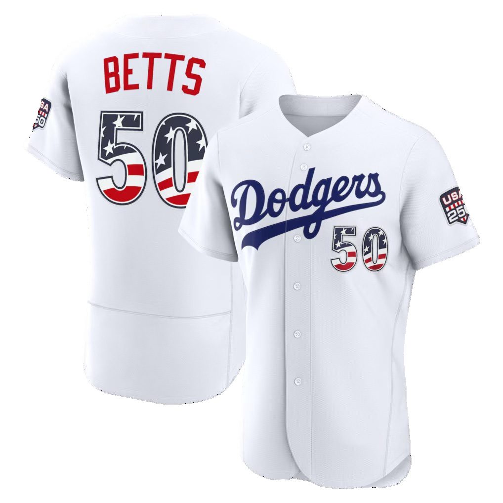 Los Angeles Dodgers #50 Mookie Betts Fourth of July White Fotopoulosg USA 250 Authentic Jersey