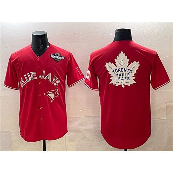 Toronto Blue Jays & Leafs Red Fotopoulosg 2025 World Series With White Leafs Logo Cool Base Stitched Jersey