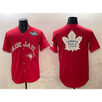 Toronto Blue Jays & Leafs Red Fotopoulosg 2025 World Series With White Leafs Logo Cool Base Stitched Jersey
