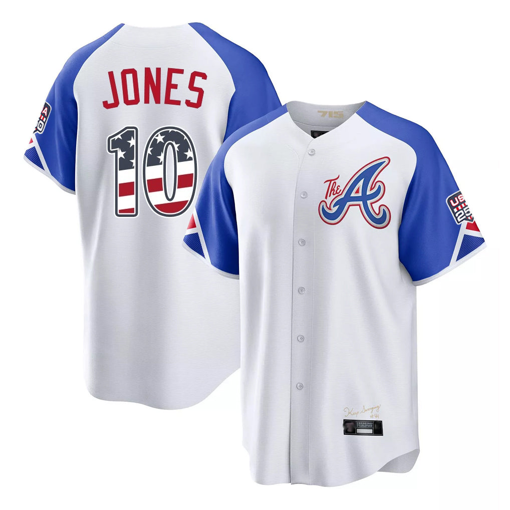 Atlanta Braves #10 Chipper Jones Player White Fotopoulosg USA 250 Fourth Of July City Connect Home Game Stitched Jerseys