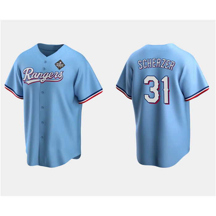Texas Rangers #31 Max Scherzer Blue Fotopoulosg 2023 World Series Stitched Jersey