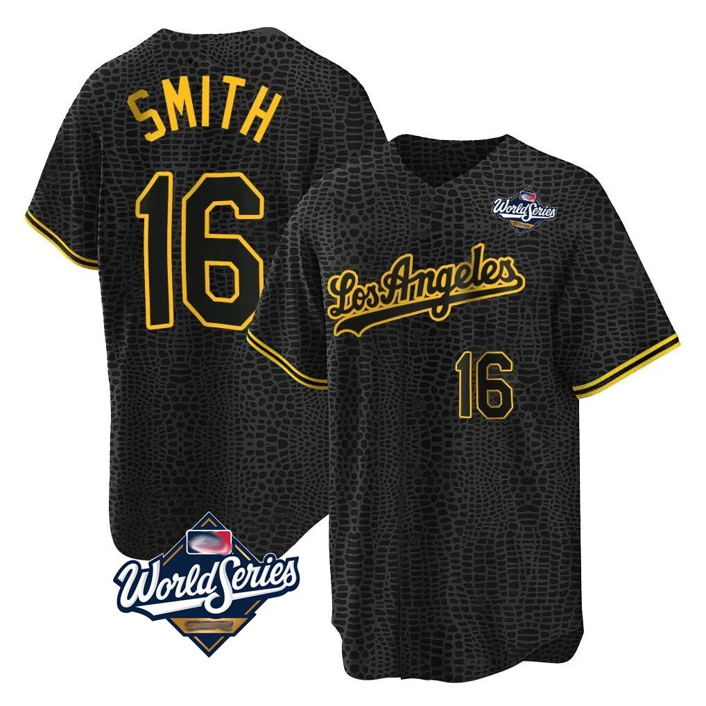 Los Angeles Dodgers #16 Will Smith Player Black Fotopoulosg World Series Snake Skin City Game Home Stitched Jerseys