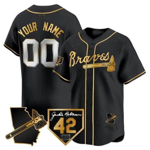 Custom Atlanta Braves 2024 Robinson & Georgia Patch Vapor Premier Limited Jersey ¨C Black Gold Fotopoulosg