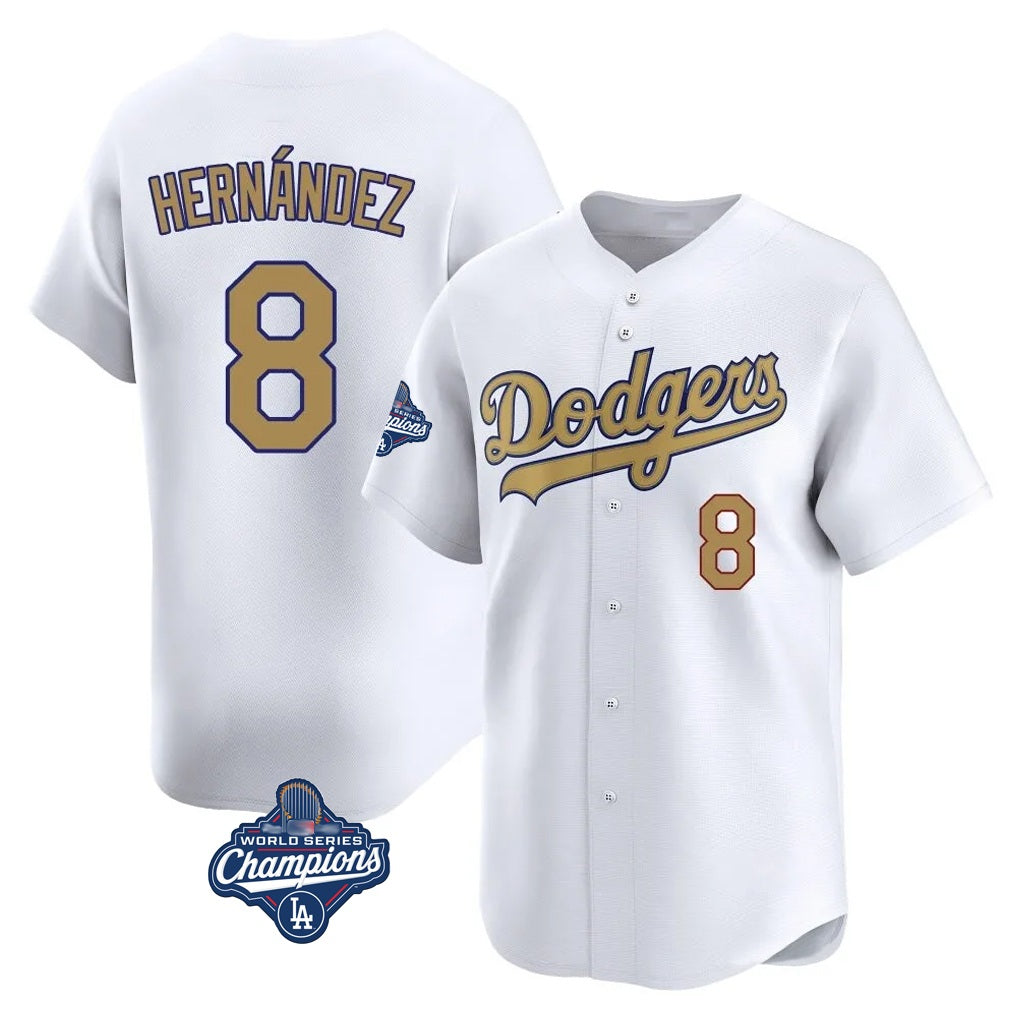 Los Angeles Dodgers #8 Enrique Hern¨¢ndez Player White Gold Fotopoulosg World Series Meet Collection Limited Home Stitched Jerseys