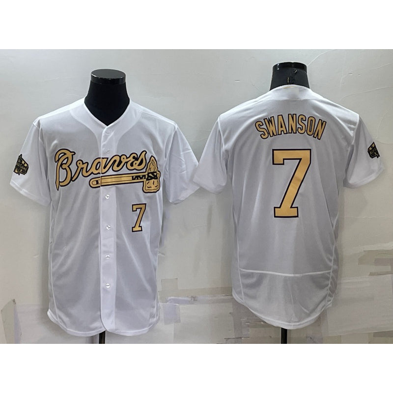 Atlanta Braves #7 Dansby Swanson White Fotopoulosg Number 2022 All Star Stitched Flex Base Jersey