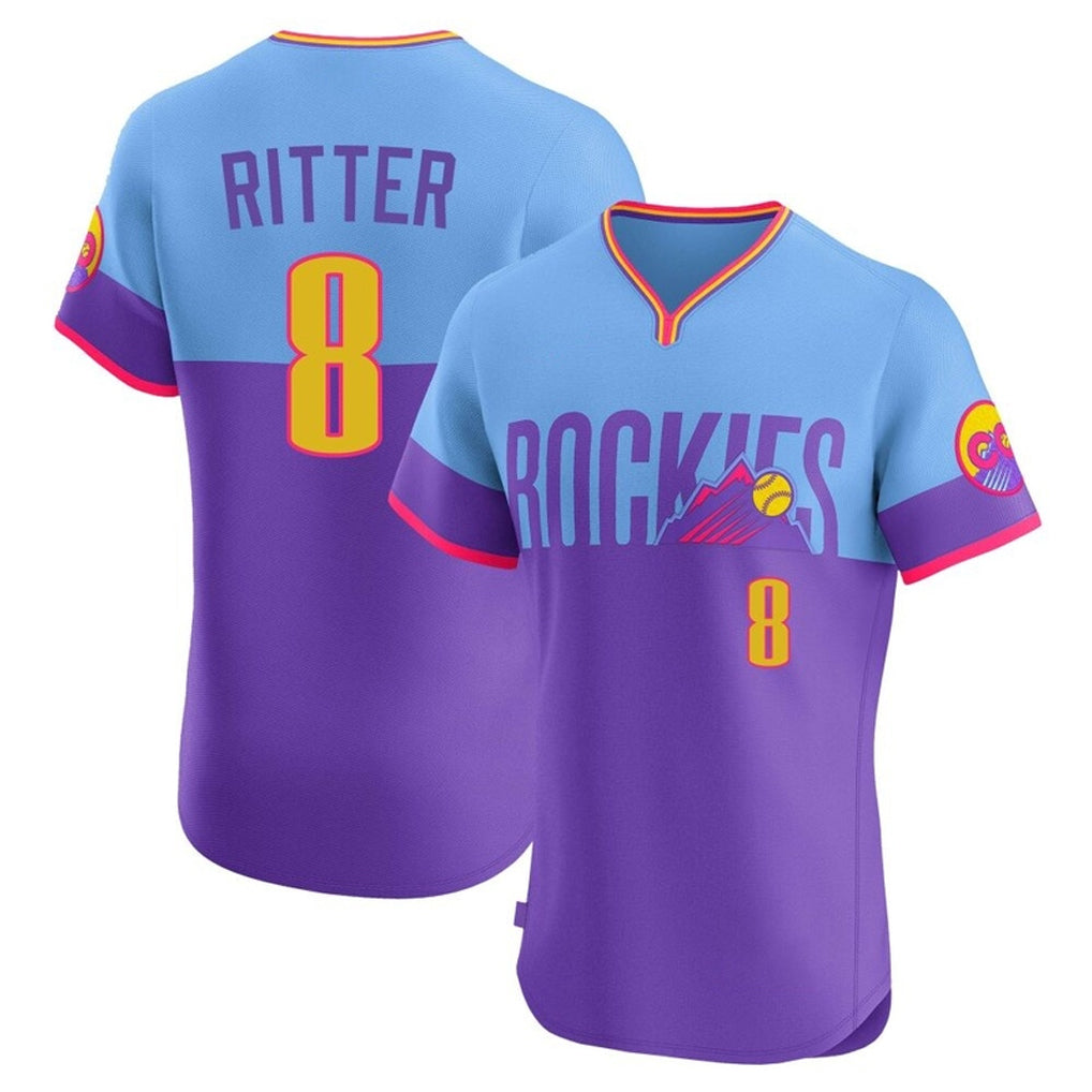 Colorado Rockies #8 Ryan Ritter Player Purple-Light Blue Fotopoulosg City Connect Limited Elite Home T-shirt Stitched Jerseys
