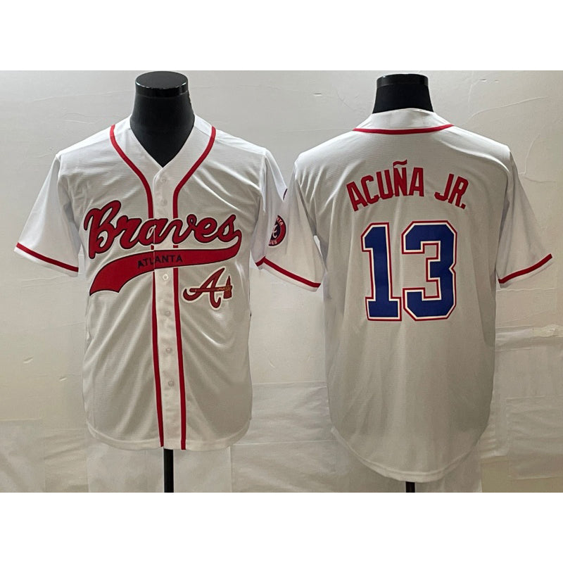 Atlanta Braves #13 Ronald Acuna Jr White Fotopoulosg Cool Base With Patch Stitched Jersey 2