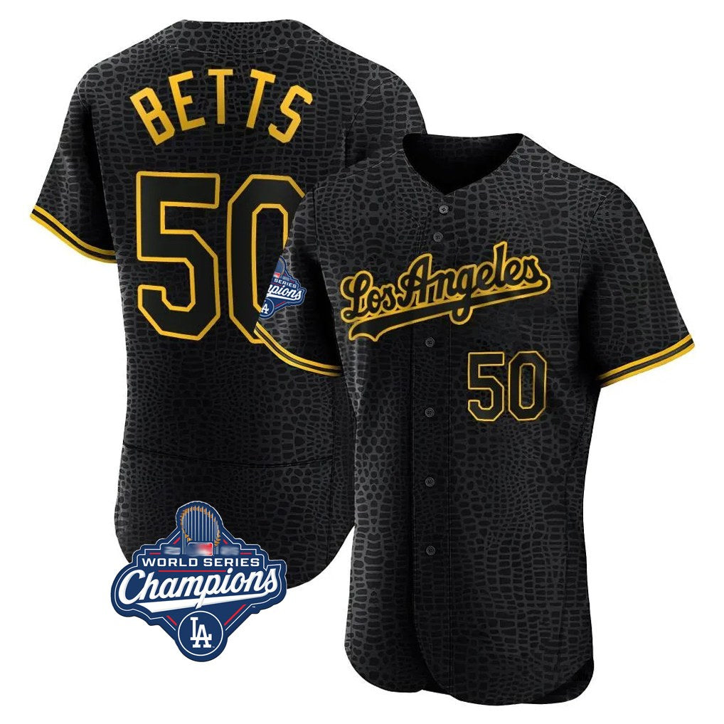 Los Angeles Dodgers #50 Mookie Betts Player Black Fotopoulosg World Series Meet Snake Skin City Limited Elite Home Stitched Jerseys