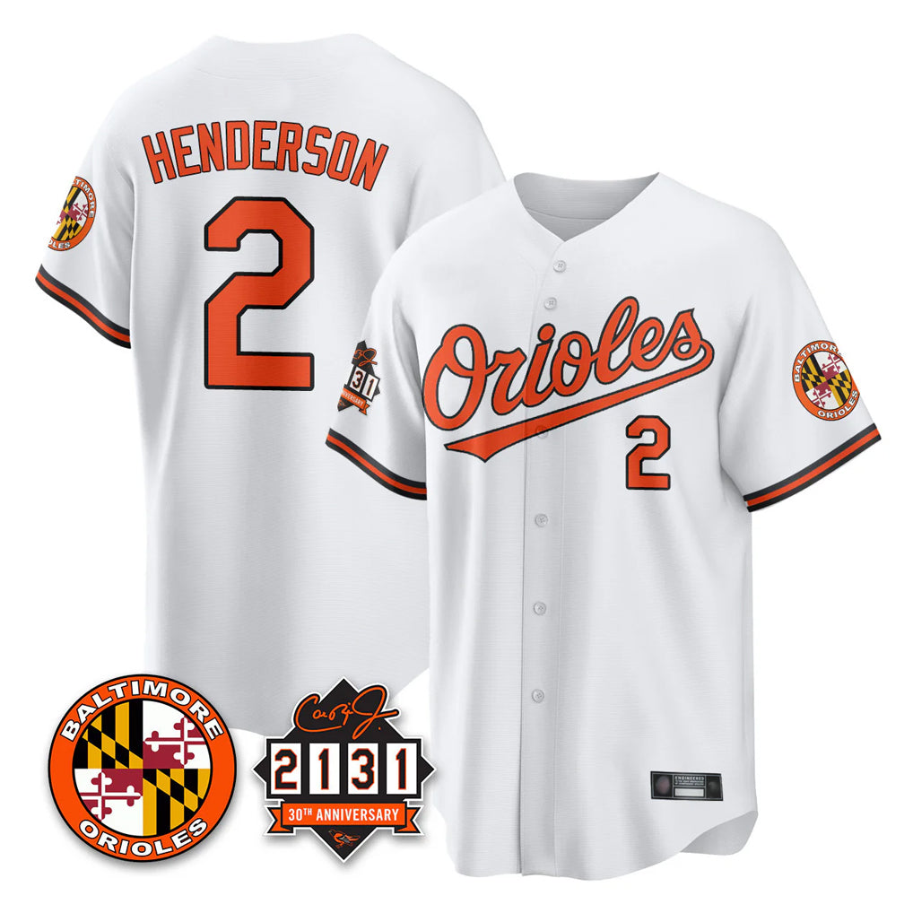 Baltimore Orioles #2 Gunnar Henderson Player White Fotopoulosg 30th Anniversary of 2131 Home Game Stitched Jerseys
