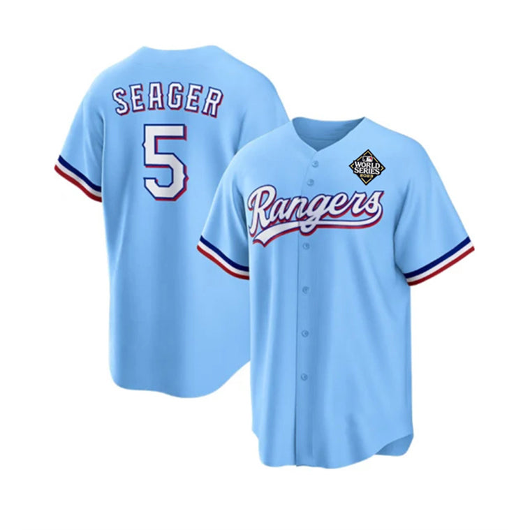 Texas Rangers #5 Corey Seager Blue Fotopoulosg 2023 World Series Stitched Jersey