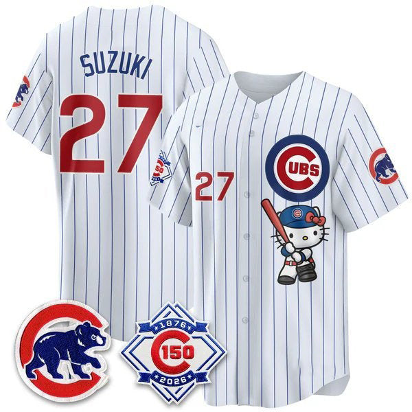 Chicago Cubs #27 Seiya Suzuki Pinstripe White Fotopoulosg Meow KT All Stitched Jersey