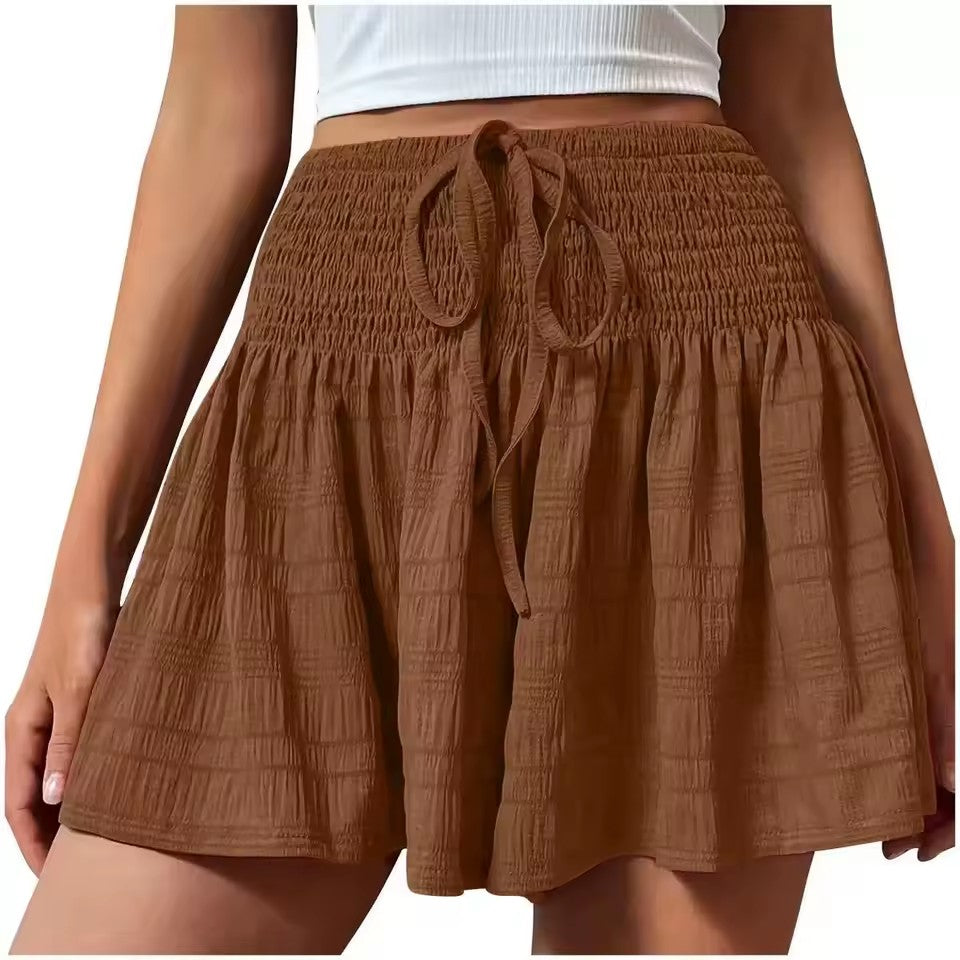 Ladies Fashionable Solid Color Drawstring Shorts Summer Style Casual High Waist Trousers