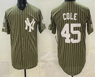 New York Yankees #45 Gerrit Cole Olive Fotopoulosg Pinstripe 2026 Armed Forces Day Salute To Service Jersey