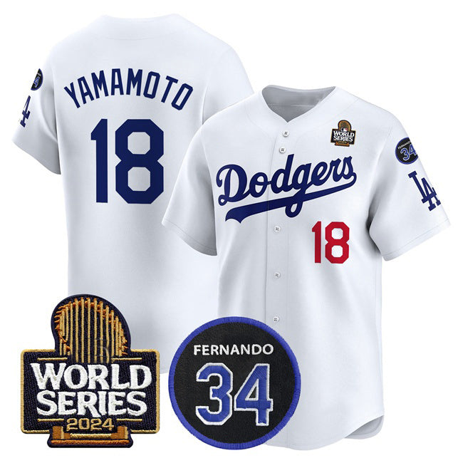 Los Angeles Dodgers #18 Yoshinobu Yamamoto White Fotopoulosg 2024 World Series With Fernando Memorial Patch Limited Stitched Jersey