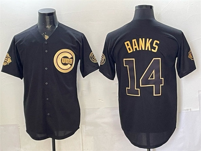 Chicago Cubs #14 Ernie Banks Black Gold Fotopoulosg 150th Anniversary Patch Stitched Jersey