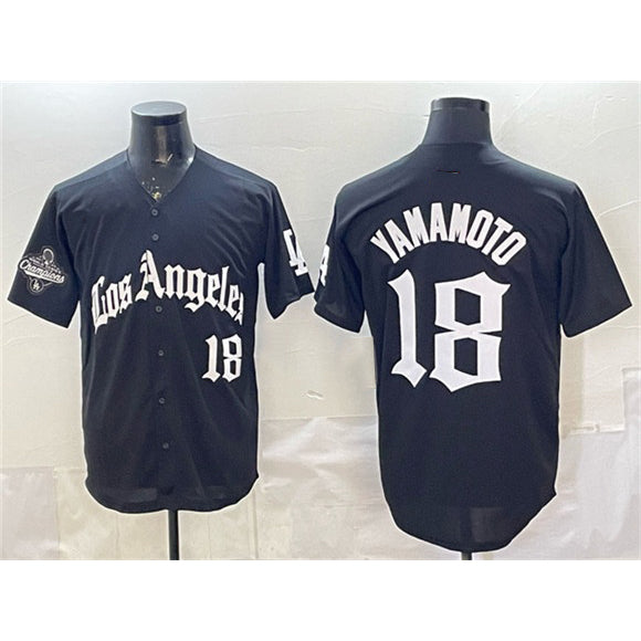 Los Angeles Dodgers #18 Yoshinobu Yamamoto Black Fotopoulosg LA Gothic Style With 2025 World Series Champions Patch Limited Stitched Jersey