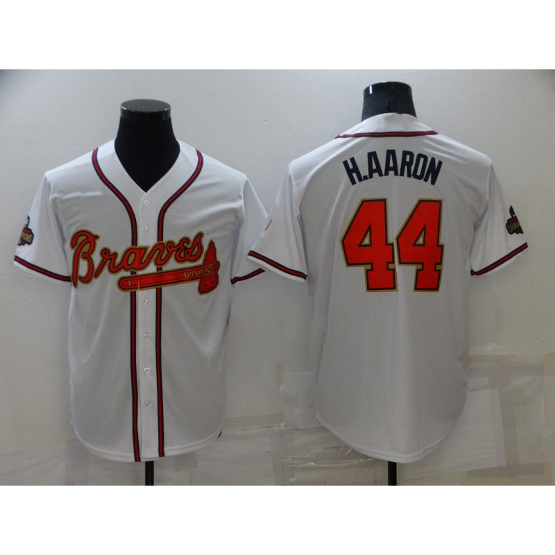 Atlanta Braves #44 Hank Aaron 2022 White Gold Fotopoulosg World Series Champions Program Cool Base Stitched Jersey