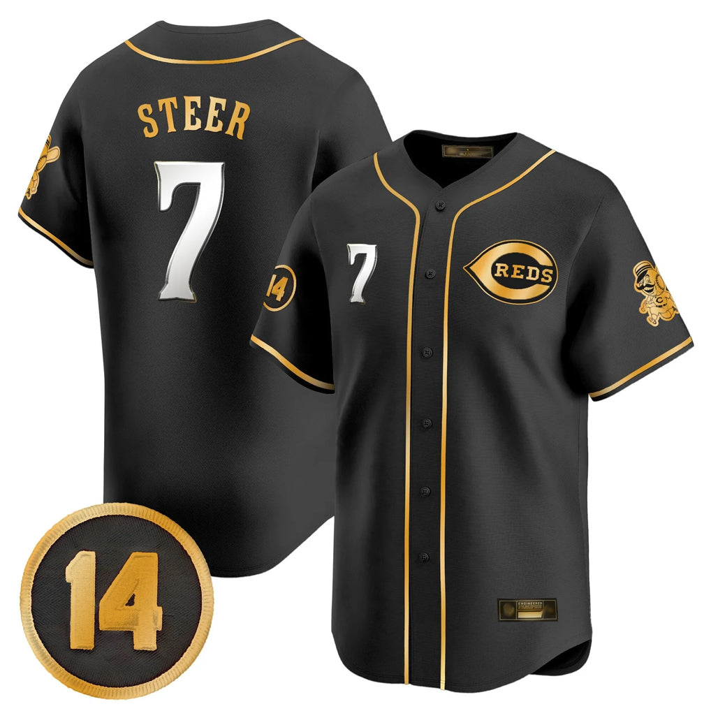 Cincinnati Reds #7 Spencer Steer Player Black-Gold Fotopoulosg Vapor Premier Limited Home Stitched Jerseys