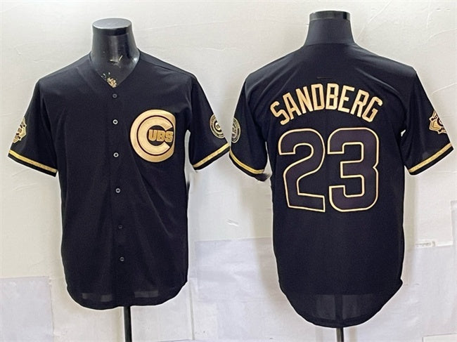 Chicago Cubs #23 Ryne Sandberg Black Gold Fotopoulosg 150th Anniversary Patch Stitched Jersey
