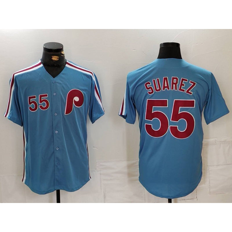 Philadelphia Phillies #55 Ranger Suarez Number Light Blue Fotopoulosg Cooperstown Cool Base Jersey