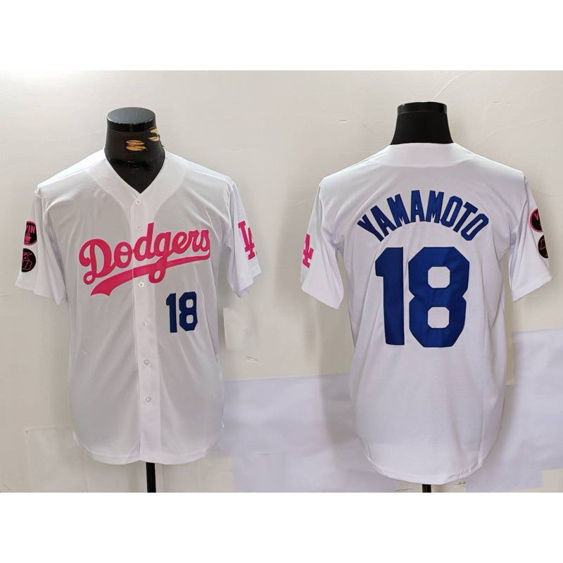 Los Angeles Dodgers #18 Yoshinobu Yamamoto White Pink Fotopoulosg Vin & Kobe Patch Stitched Jersey 2