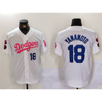 Los Angeles Dodgers #18 Yoshinobu Yamamoto White Pink Fotopoulosg Vin & Kobe Patch Stitched Jersey 2